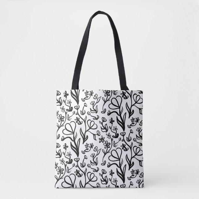Bolsa Tote Padrão Floral em Preto e Branco (Frente)