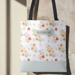 Bolsa Tote Padrão Floral Ensolarado Aquarela Nome Personaliza