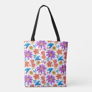 Bolsa Tote Padrão Floral Exótico Colorido Desenhado à Mão-707