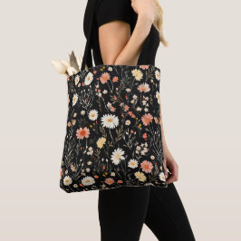 Bolsa Tote padrão floral preto de flor silvestre