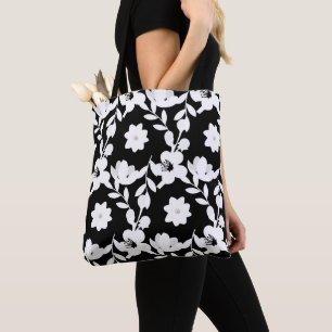 Bolsa Tote padrão floral preto e branco com pérolas