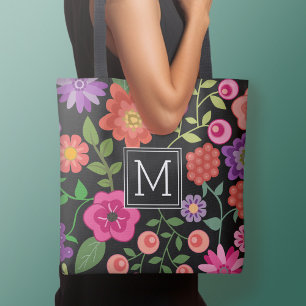 Bolsa Tote Padrão Floral Preto Trendy com Monograma Personali