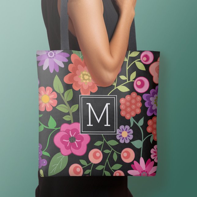 Bolsa Tote Padrão Floral Preto Trendy com Monograma Personali (Personalized tote bag - add your name or other text)