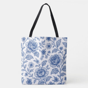 Bolsa Tote Padrão Floral Real de Rosas Azuis