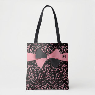 Bolsa Tote Padrão Floral Real Monograma Chic Rosa e Preto