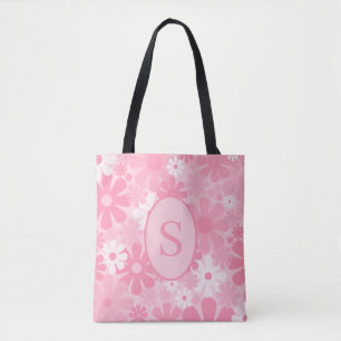 Bolsa Tote Padrão Floral Retro Anos 60 e 70 com Inicial Rosa