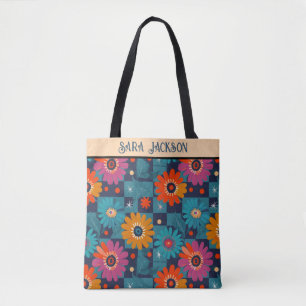 Bolsa Tote Padrão Floral Retro Vibrante com Praças Teais