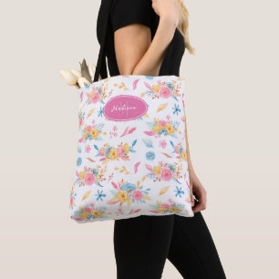 Bolsa Tote Padrão Floral Rosa bonito Monograma