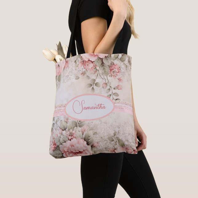 Bolsa Tote Padrão floral rosa-chique (Close Up)