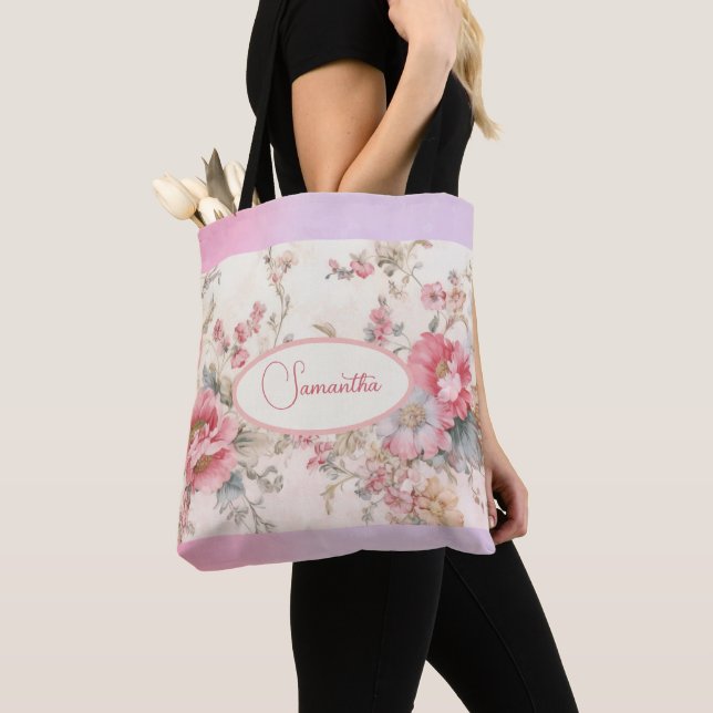 Bolsa Tote Padrão floral rosa-chique (Close Up)