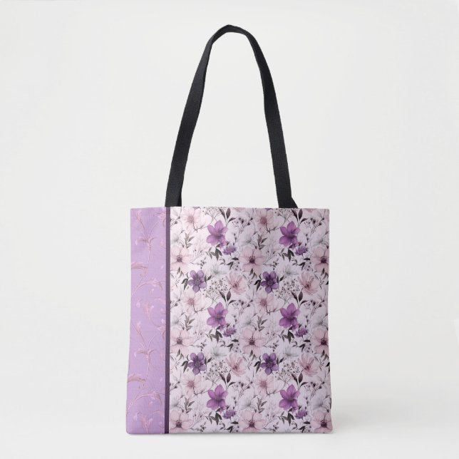 Bolsa Tote padrão floral roxo e rosa (Frente)