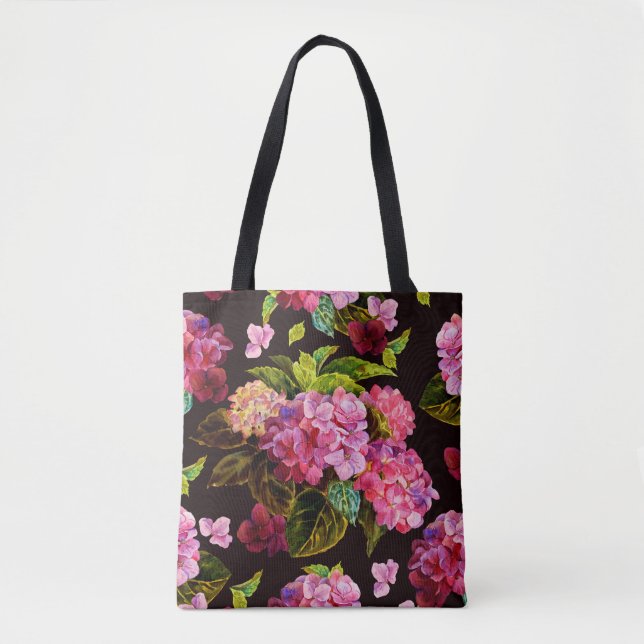 Bolsa Tote Padrão floral sem costura. Hydrangea num escuro  (Frente)