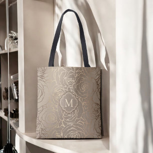 Bolsa Tote Padrão Floral Sofisticado Bege com Monograma