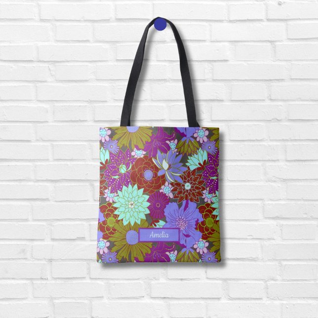 Bolsa Tote Padrão floral verde roxo e preto e nome personaliz (Criador carregado)