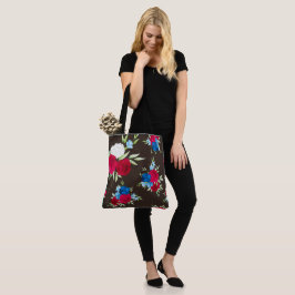 Bolsa Tote Padrão Floral Vermelho Azul Elegante em Marrom Esc