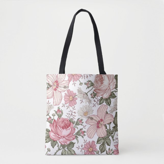 Bolsa Tote Padrão Floral Vintage com Rosas (Frente)