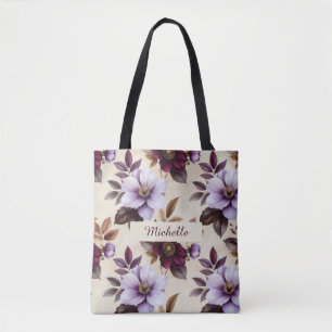 Bolsa Tote Padrão Floral Vintage Elegante em Burgundy Roxo