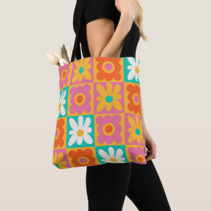 Bolsa Tote Padrão Floral Xadrez Groovy Retro dos Anos 70 Colo
