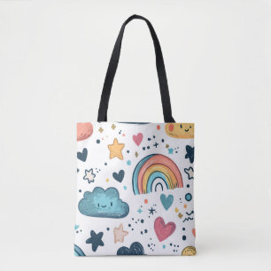 Bolsa Tote Padrão Fofo de Arco-íris com Nuvens e Estrelas
