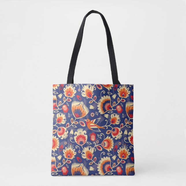Bolsa Tote 💛 🧡 padrão Folclore 💙 flores amarelas 002 (Frente)