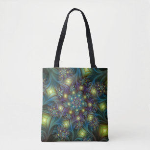 Bolsa Tote Padrão Fractal azul roxo iluminado