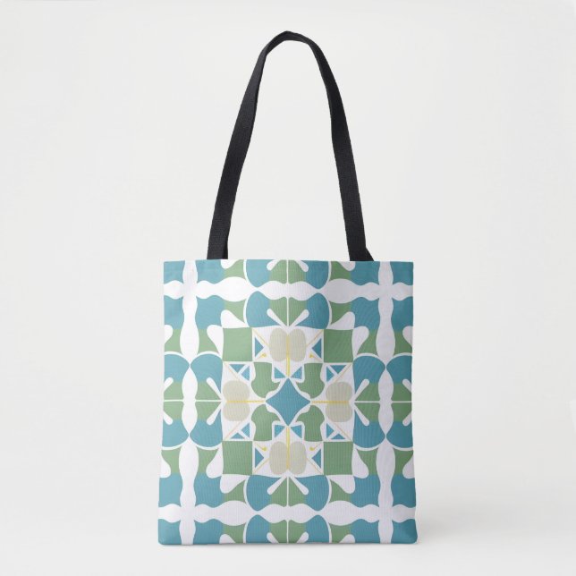 Bolsa Tote Padrão Geométrico Abstrato em Verde e Azul (Frente)