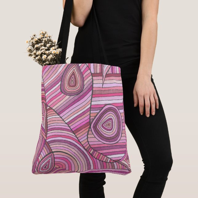Bolsa Tote Padrão Geométrico Abstrato Rosa com Linhas Curvas (Close Up)