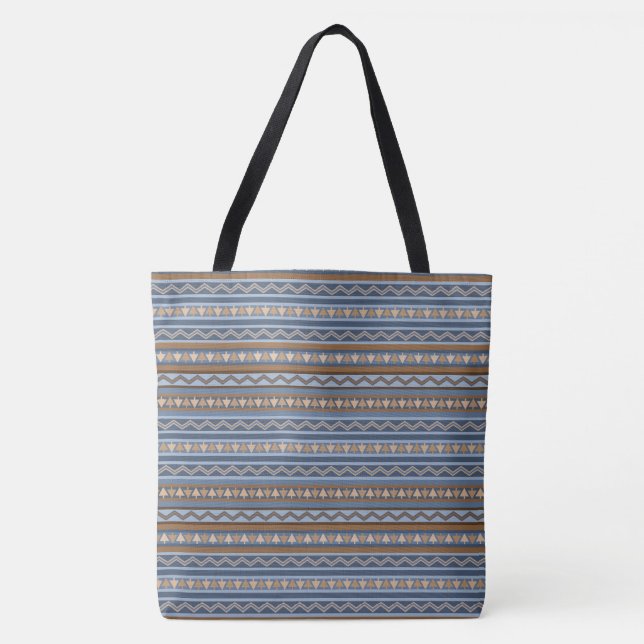 Bolsa Tote Padrão Geométrico Azul e Marrom no Estilo Sudoeste (Frente)