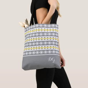 Bolsa Tote Padrão Geométrico Cinza Amarelo e Branco Elegante