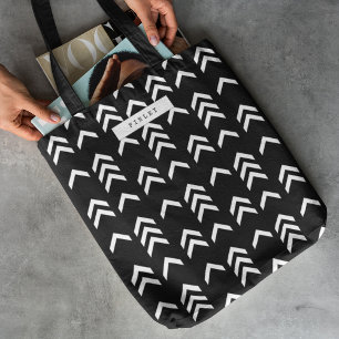 Bolsa Tote Padrão Geométrico de Chevron Preto e Branco