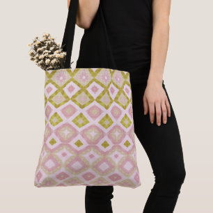 Bolsa Tote Padrão Geométrico de Diamante em Rosa e Verde Oliv