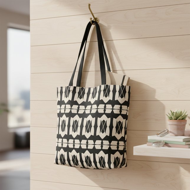 Bolsa Tote Padrão Geométrico Elegante de preto e bege (Criador carregado)