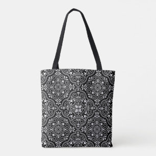 Bolsa Tote Padrão Geométrico Floral Preto e Branco