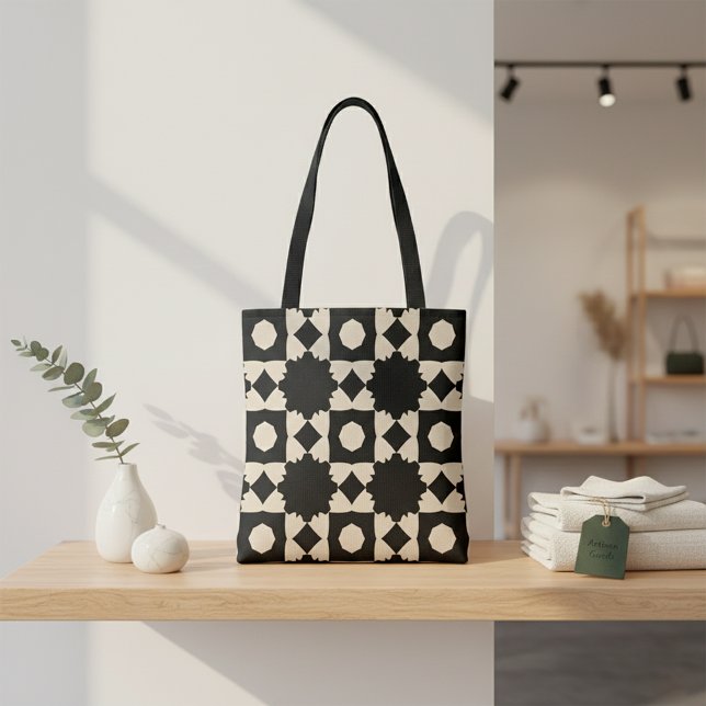 Bolsa Tote Padrão Geométrico na moda Black & Beige (Criador carregado)
