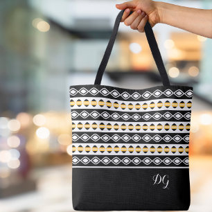 Bolsa Tote Padrão Geométrico Preto Amarelo e Branco Elegante