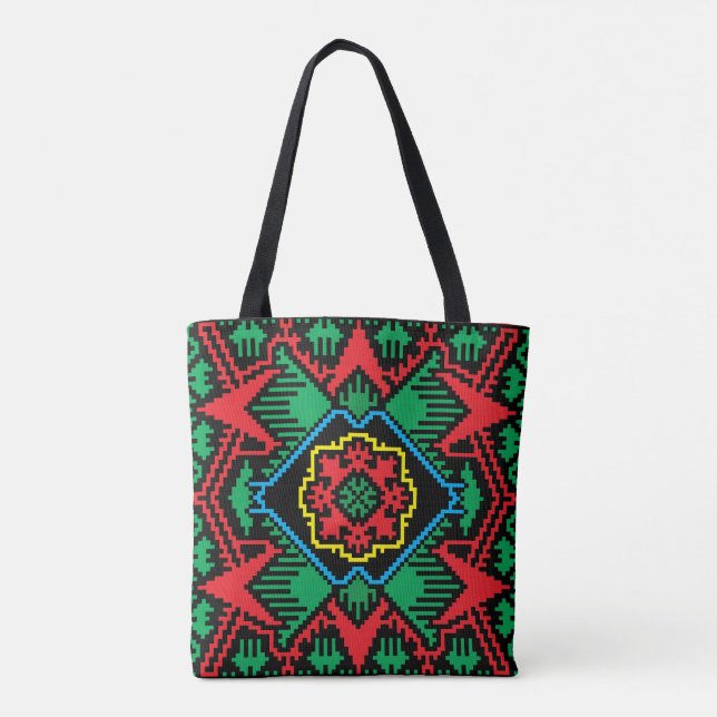 Bolsa Tote Padrão geométrico preto, vermelho, verde letão tri (Verso)