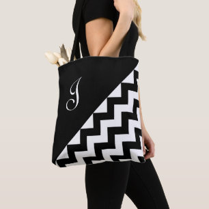 Bolsa Tote Padrão Geométrico Zigzag Preto do Monograma Chic