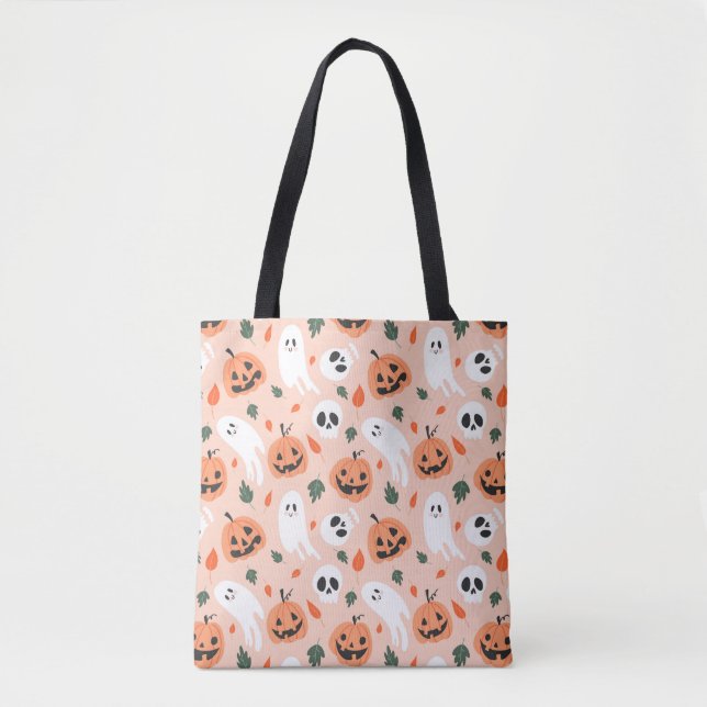 Bolsa Tote Padrão Ghost e Jack-O-Lanterna Bonito (Frente)