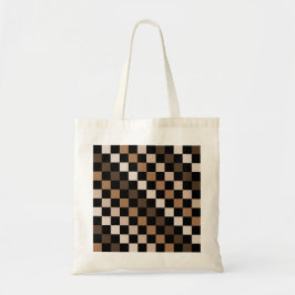 Bolsa Tote Padrão Gingham Preto-Castanho Verificado