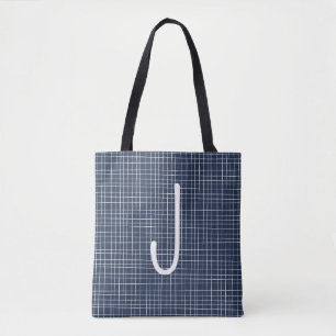 Bolsa Tote Padrão inicial de linha irregular azul e branco