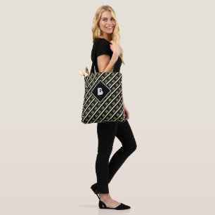Bolsa Tote Padrão Inicial Monograma Moderno Fofo Preto Verde