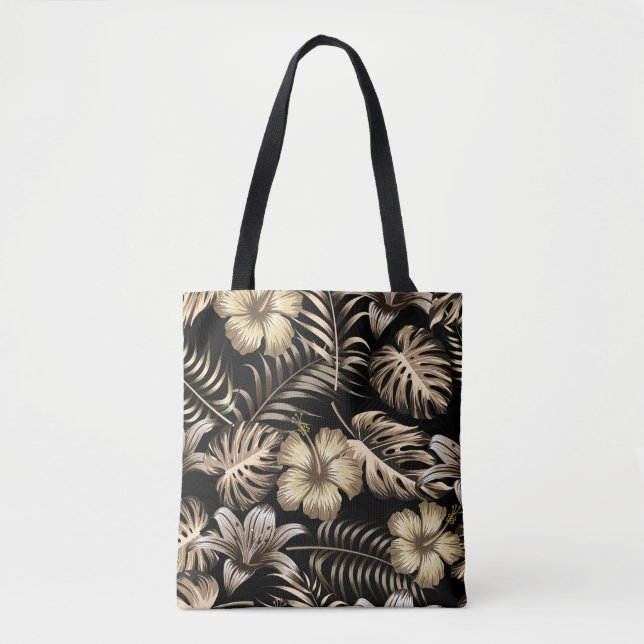 Bolsa Tote Padrão Invisível Floral com Folhas. (Frente)