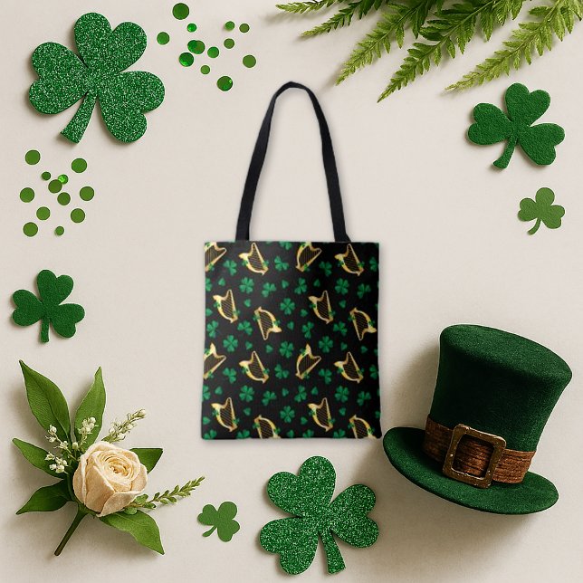 Bolsa Tote Padrão Irlandês Harp e Shamrock Preto (Criador carregado)