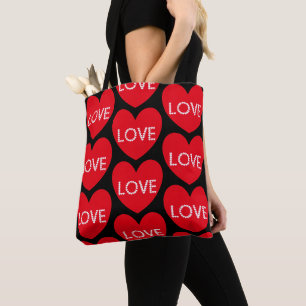 Bolsa Tote Padrão Moderno de Coração de Amor Vermelho Preto n
