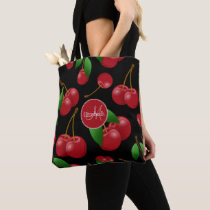 Bolsa Tote padrão monograma de cerejas vermelhas