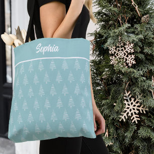 Bolsa Tote Padrão na moda Azul E Árvore De Natal Branco