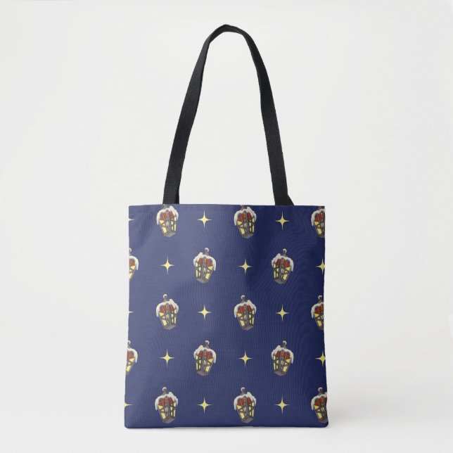 Bolsa Tote Padrão Natalino Antigo com uma Lanterna em Azul (Frente)