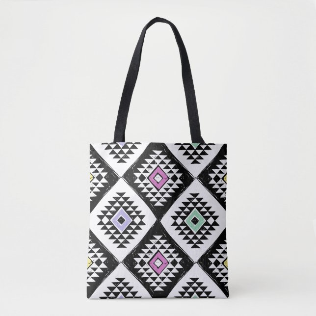 Bolsa Tote Padrão Navajo Tribal Branco Negro (Frente)