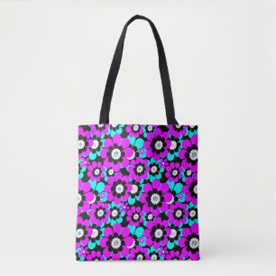 Bolsa Tote Padrão Neon Floral Roxo e Flores Turquesa