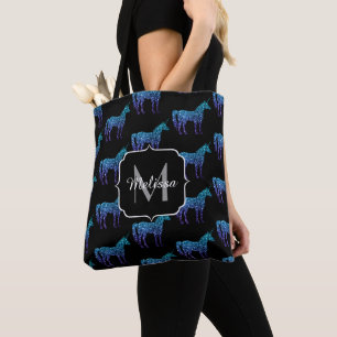 Bolsa Tote Padrão ombre azul aqua brilho de unicórnio Monogra
